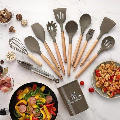 12 Pcs Silicone Cooking Utensils Kitchen Utensil Set | Heat Resistant Kitchen Non Toxic Spatula Set With Turner Tongs,spoon,brush,whisk-wooden Handle(random Color)