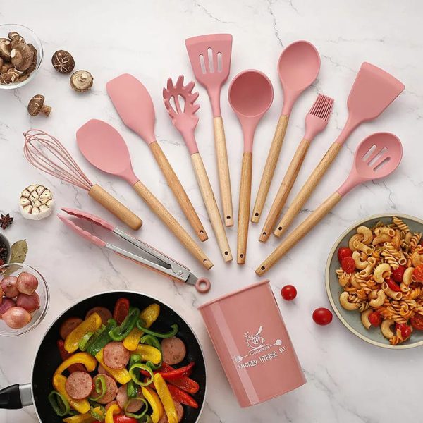 12 Pcs Silicone Cooking Utensils Kitchen Utensil Set | Heat Resistant Kitchen Non Toxic Spatula Set With Turner Tongs,spoon,brush,whisk-wooden Handle(random Color)
