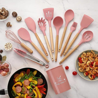12 Pcs Silicone Cooking Utensils Kitchen Utensil Set | Heat Resistant Kitchen Non Toxic Spatula Set With Turner Tongs,spoon,brush,whisk-wooden Handle(random Color)
