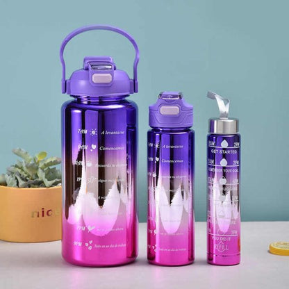 3 In 1 Electro Plated Gradient Color Plastic Sports Water Bottle 2l 0.6l 0.3l (pack Of 3 – Random Color)