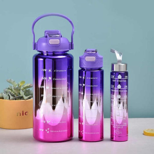 3 In 1 Electro Plated Gradient Color Plastic Sports Water Bottle 2l 0.6l 0.3l (pack Of 3 – Random Color)