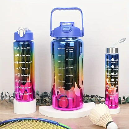 3 In 1 Electro Plated Gradient Color Plastic Sports Water Bottle 2l 0.6l 0.3l (pack Of 3 – Random Color)