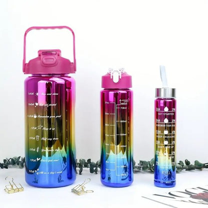 3 In 1 Electro Plated Gradient Color Plastic Sports Water Bottle 2l 0.6l 0.3l (pack Of 3 – Random Color)
