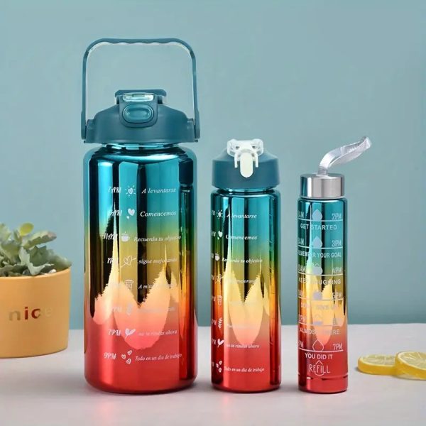 3 In 1 Electro Plated Gradient Color Plastic Sports Water Bottle 2l 0.6l 0.3l (pack Of 3 – Random Color)