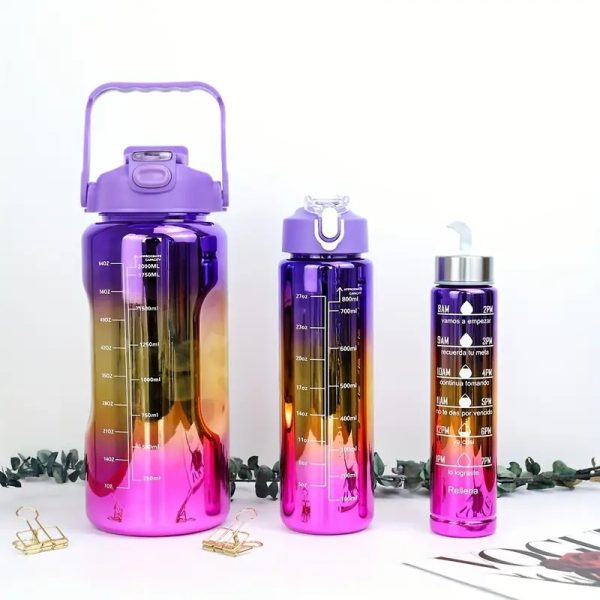 3 In 1 Electro Plated Gradient Color Plastic Sports Water Bottle 2l 0.6l 0.3l (pack Of 3 – Random Color)