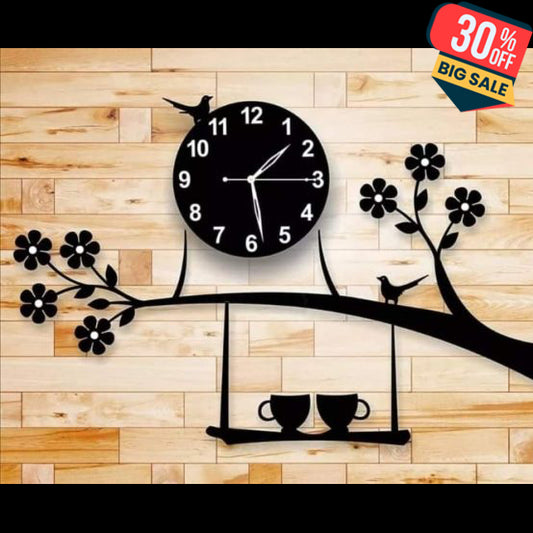 3d Wall Clock Birds On Tree With Coffee Cups Creative 3d Diy Wooden Wall Clock