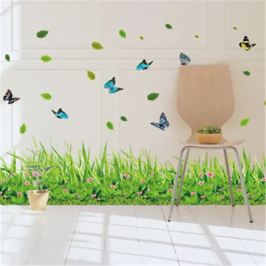 Green Grass Flower Wall Stickers For Kids Room Kindergarten Butterfly Leaves Home Decor Waterproof Mural Self-adhesive (random Design)