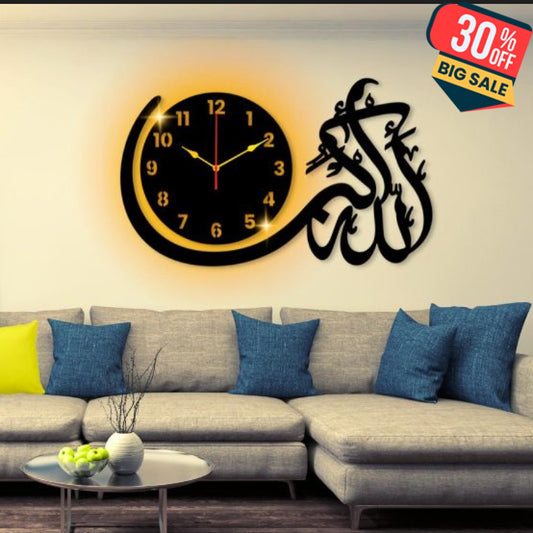 ( With Light ) Allah Hu Akbar Wall Clock I Wall Clocks For Bedroom I Quartz Watch Diy Design